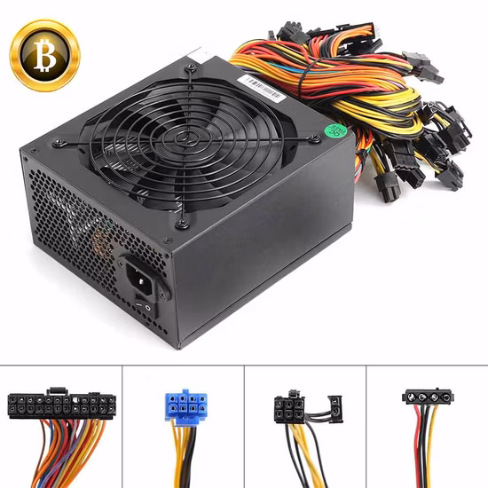 6 GPU Rig Ethereum Bitcoin Mining 용 ATX 1600W 전원 공급 장치 80 Plus Gold 140mm 냉각 팬 (150cm Us 플러그 어댑터 케이블 포함)